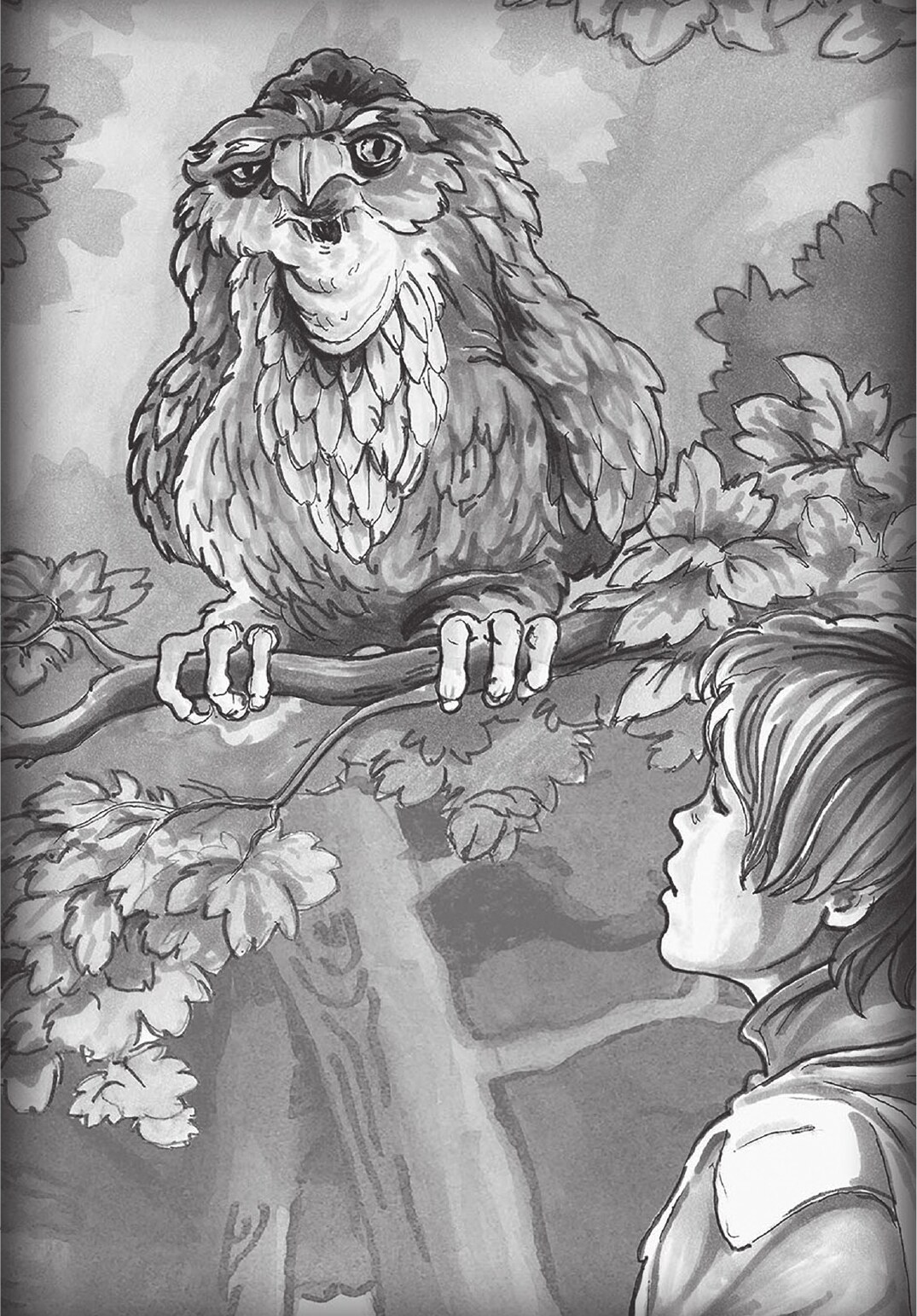 A great owl-like creature meeting a young traveller in the forest