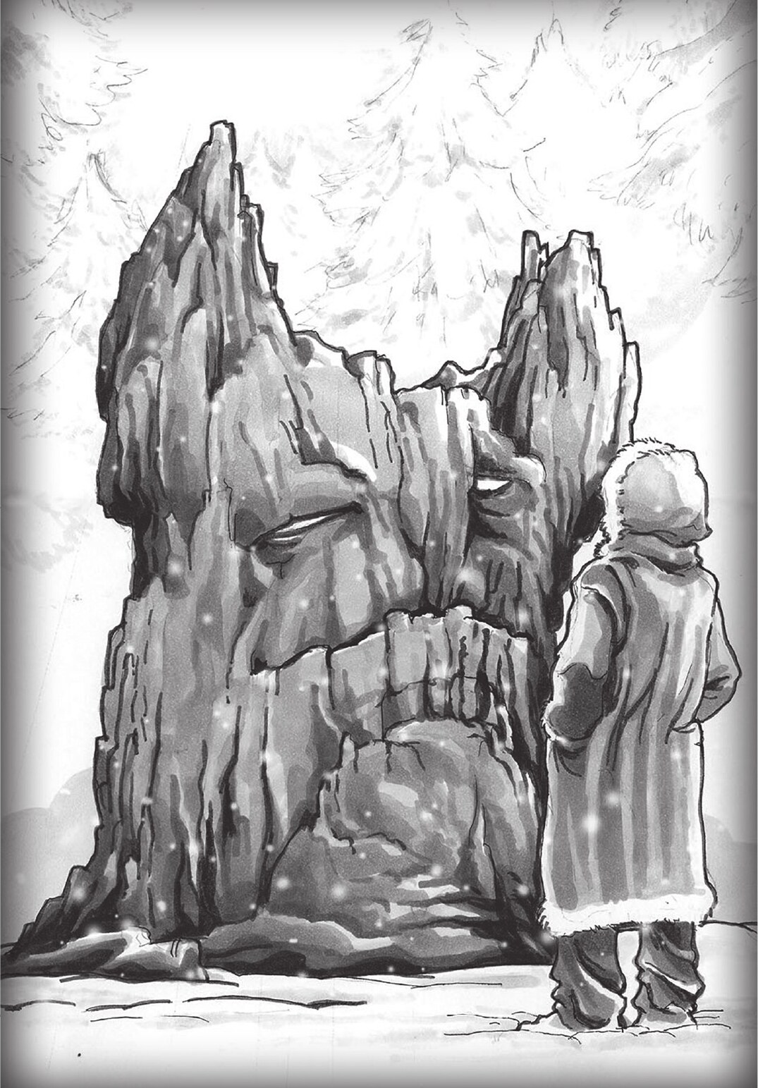 A traveller facing a monumental jagged stone formation