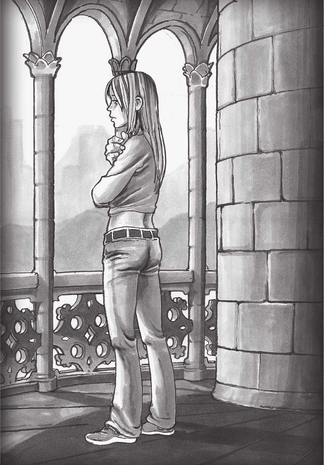 Abigael looking out from the arches of a vast abandoned castle