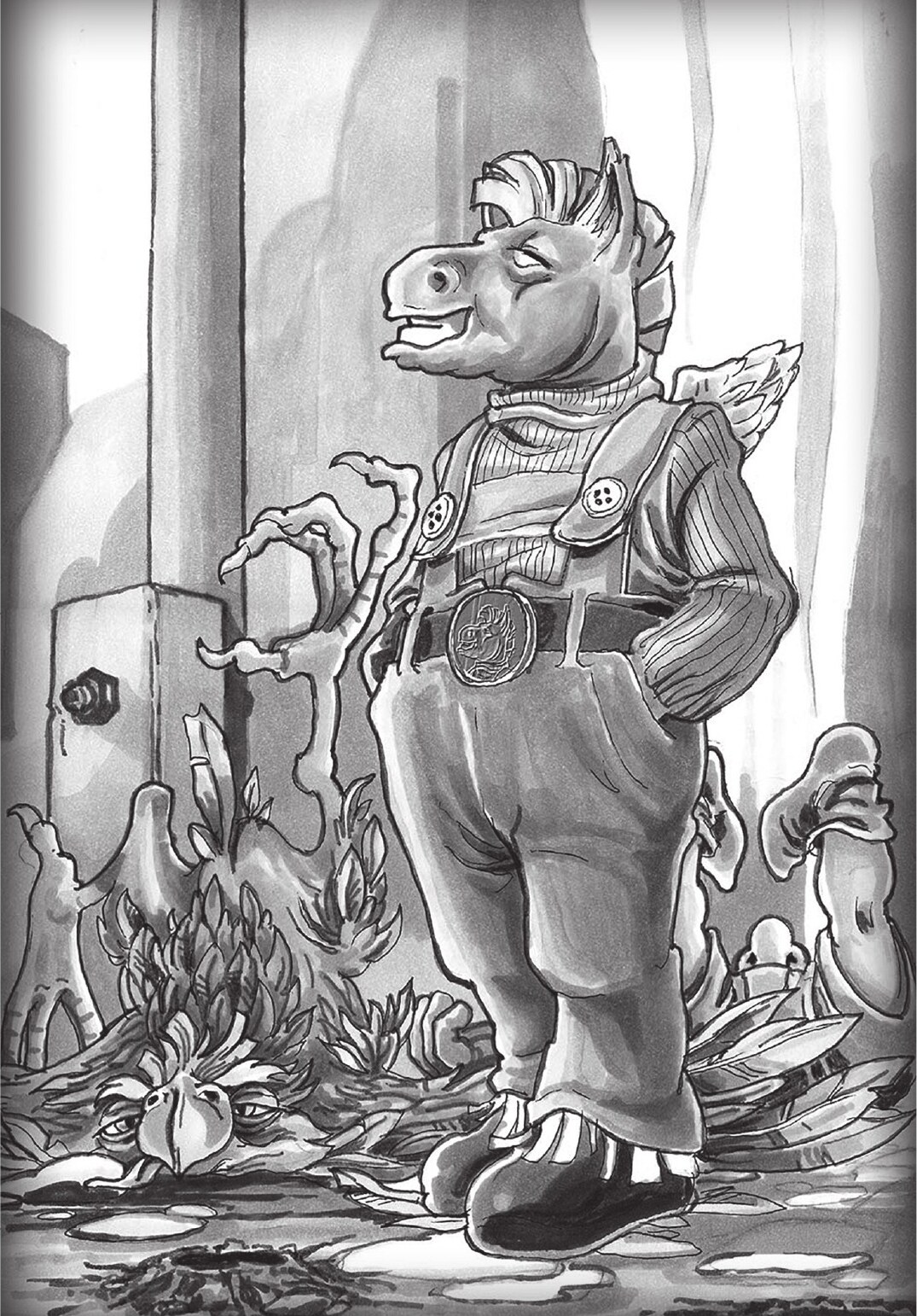 A finely dressed fantastical creature among strange plants