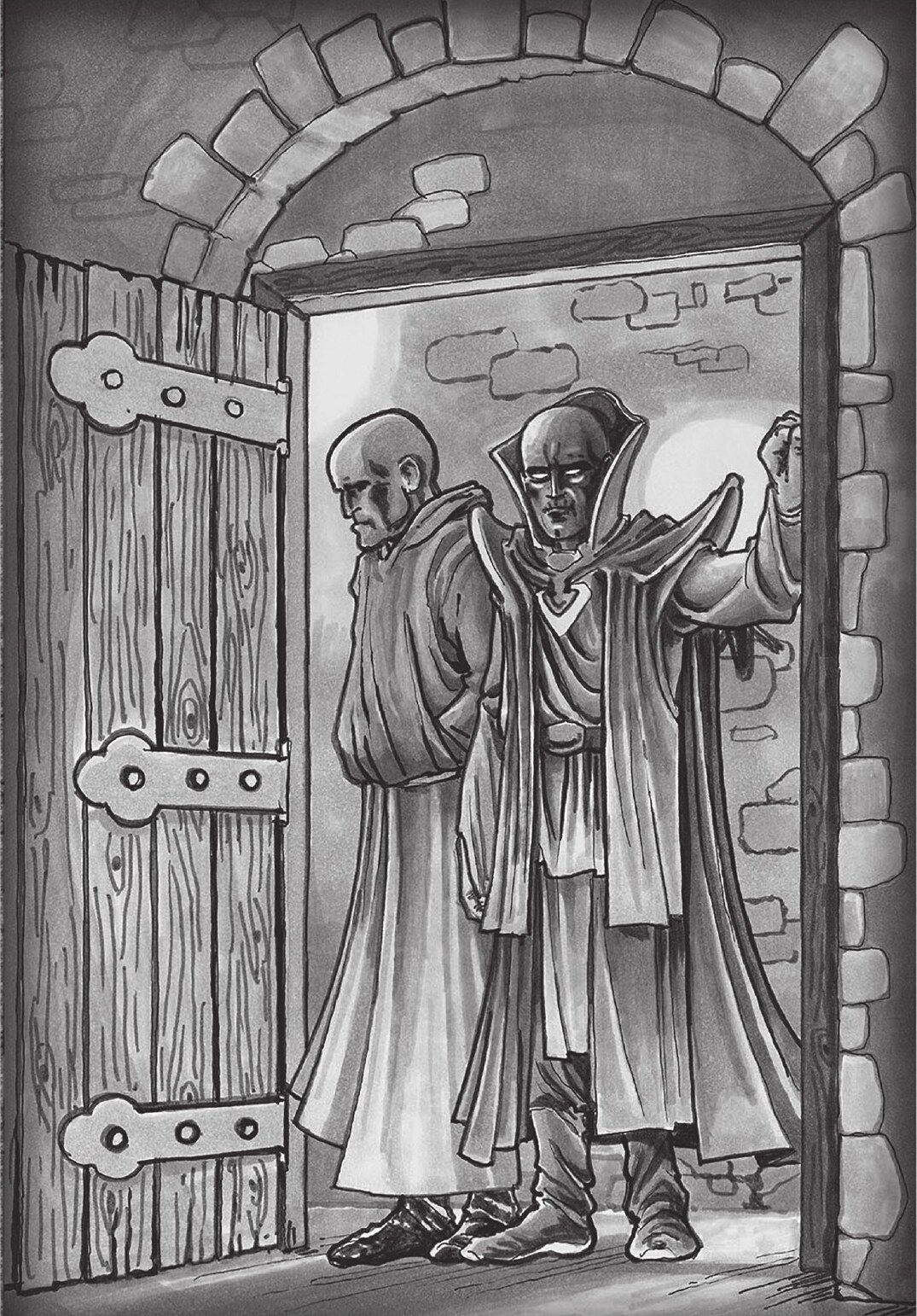 Two robed figures waiting beside a heavy palace door
