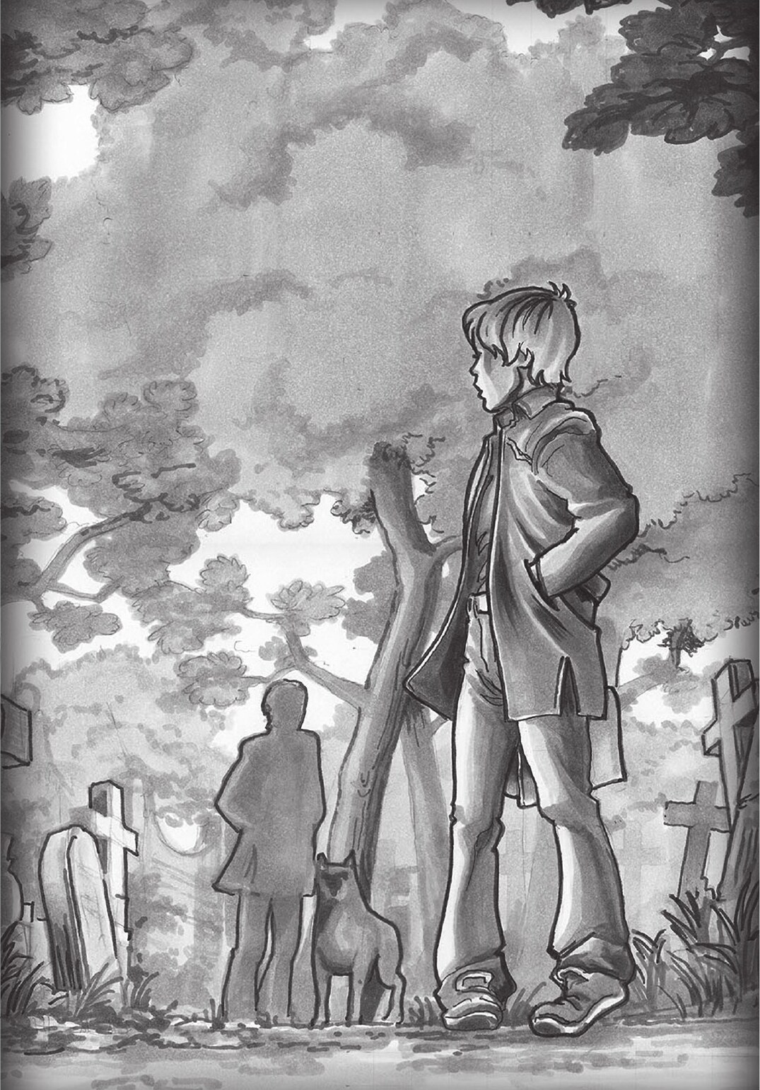 David and Abigael walking with a dog beneath tall trees