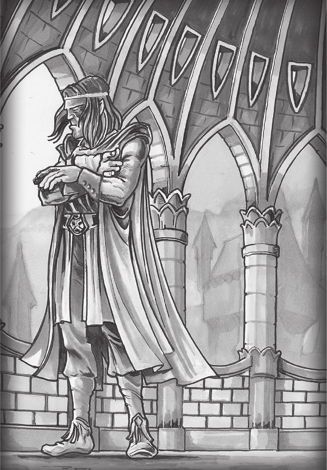 A dark-robed figure standing in a vaulted throne room