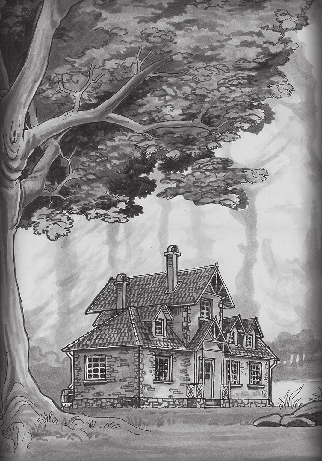 A secluded manor beneath wind-blown trees and storm clouds