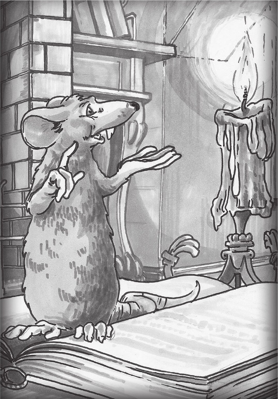 Eugene the scholarly mouse standing on an open book by candlelight